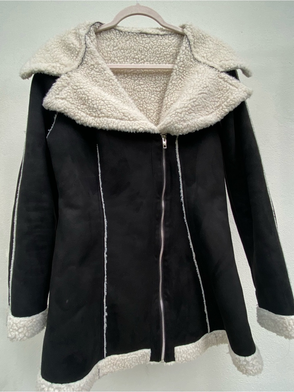 Y2K Subversive Oversized Lapel Black Faux Suede & White Shearling Coat Size Larg